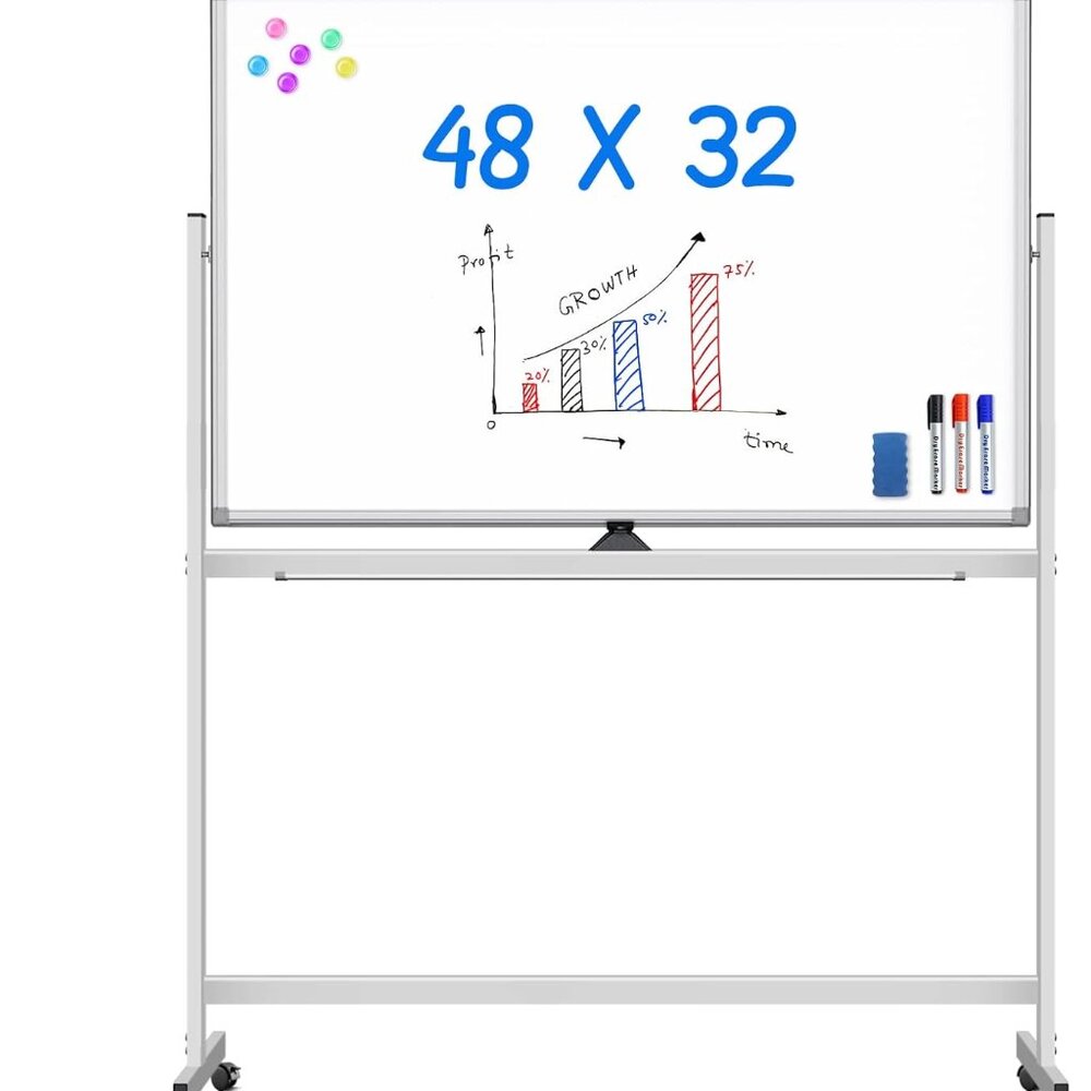 Rolling White Board on Wheels 48x32 inch Double Side Magnetic Dry Erase Board wi